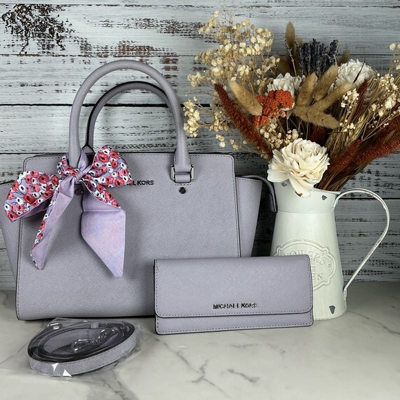 Michael Kors Purple Lilac Silver Satchel and Wallet Set Hand Crossbody Purse - Picture 1 of 14